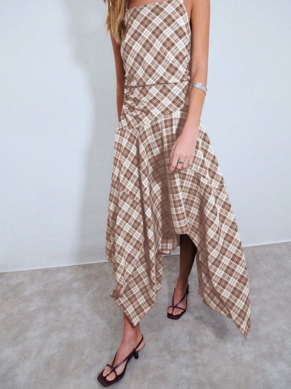 Camel Casual Women's Asymmetrical Plaid Midi Dress - Picture 6 of 7